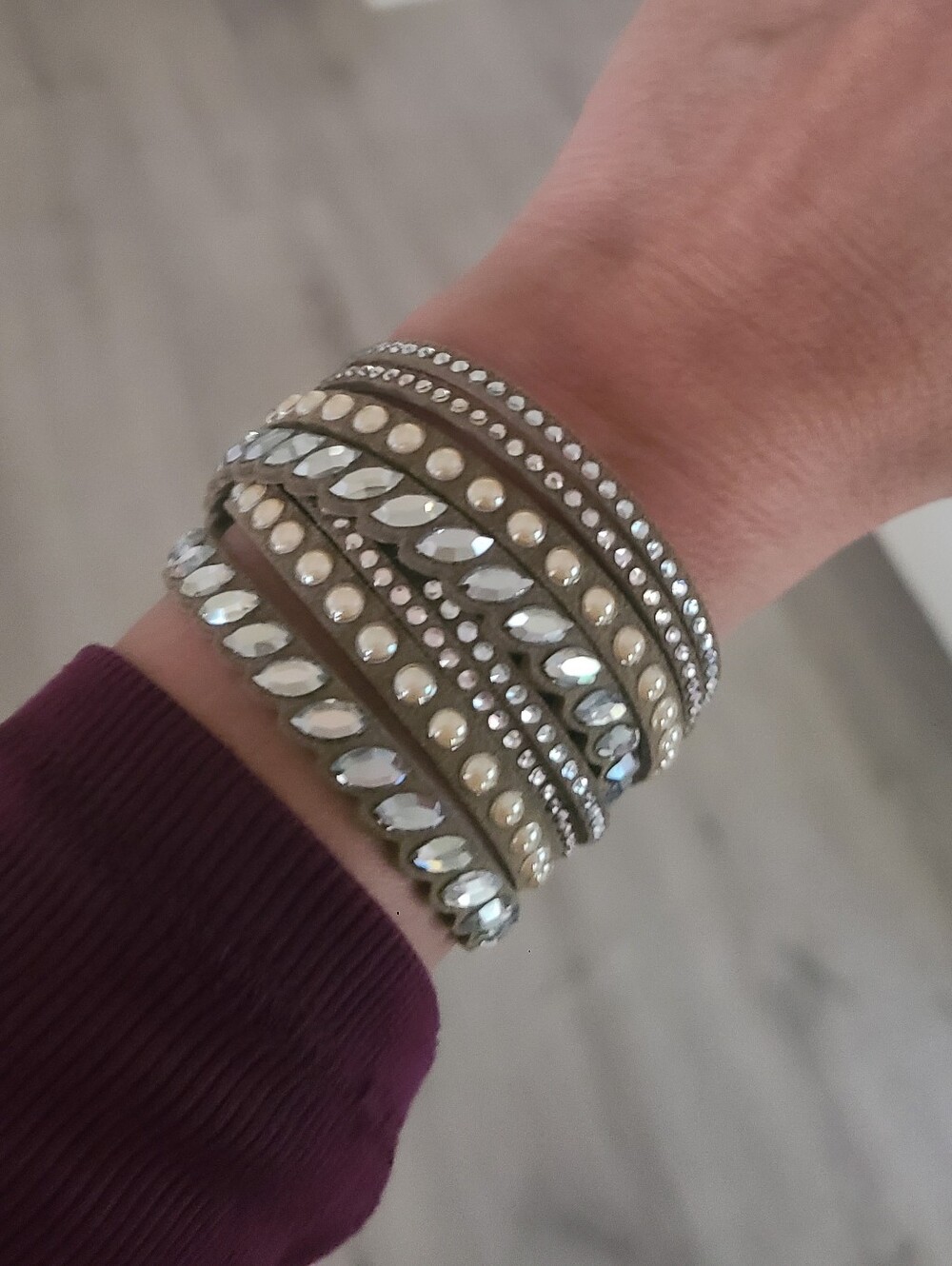 Swarovski Silver Slake Crystal Multi-Row Wrap Beige Bracelet-Excellent Condition